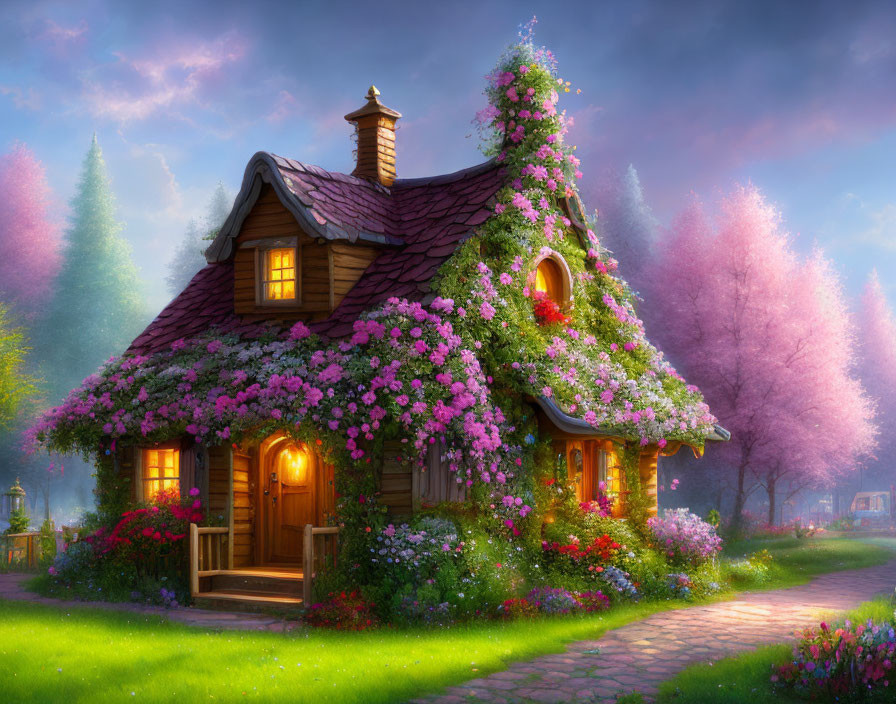 Magical twilight scene of a charming cottage in lush garden