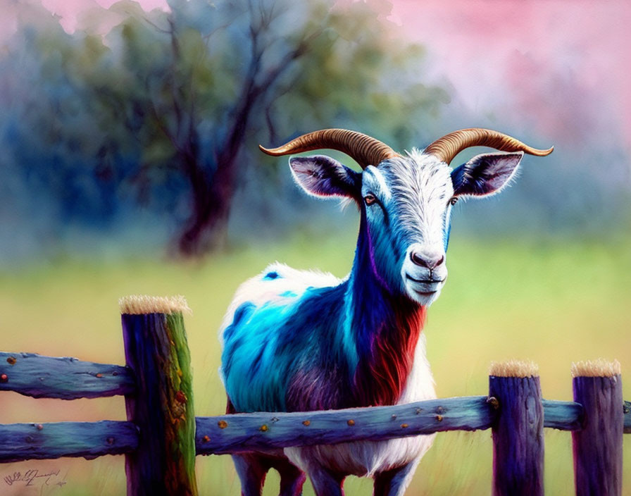 Colorful Goat Illustration with Blue and White Fur and Wooden Fence