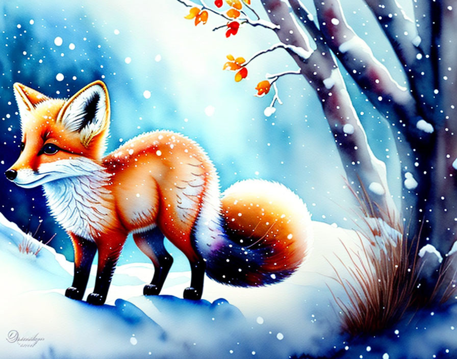 Red Fox in Snowy Landscape with Falling Snowflakes and Bare Trees