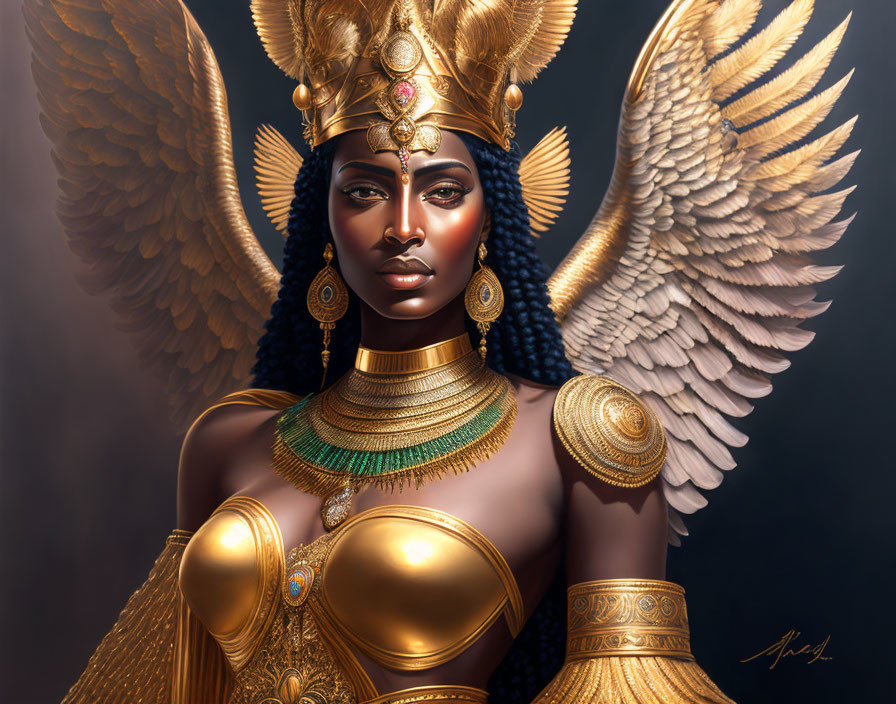 Golden-armored regal figure with ornate headdress and feathered wings