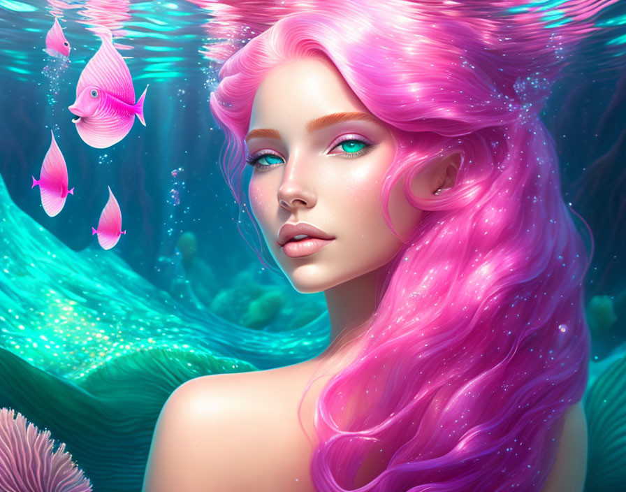 Vibrant pink-haired woman in fantastical underwater scene