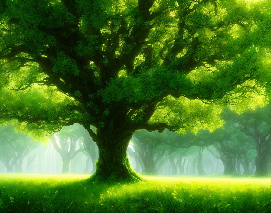 Majestic ancient tree in serene forest with lush green leaves