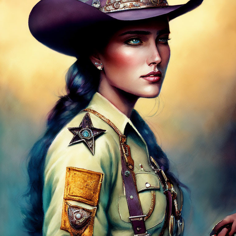 Western sheriff woman digital painting in warm tones