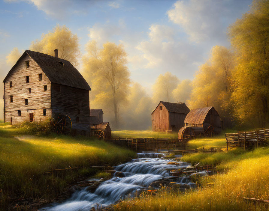 Tranquil rural landscape with old wooden mill by flowing stream