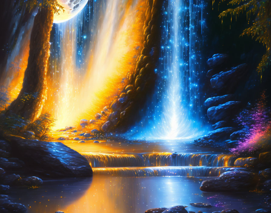 Luminous waterfall, moon, and colorful flora in fantasy landscape