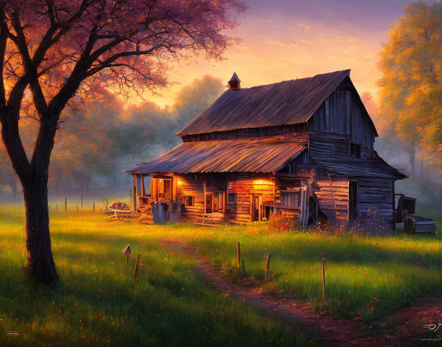 Rustic wooden cabin in serene forest clearing at sunset