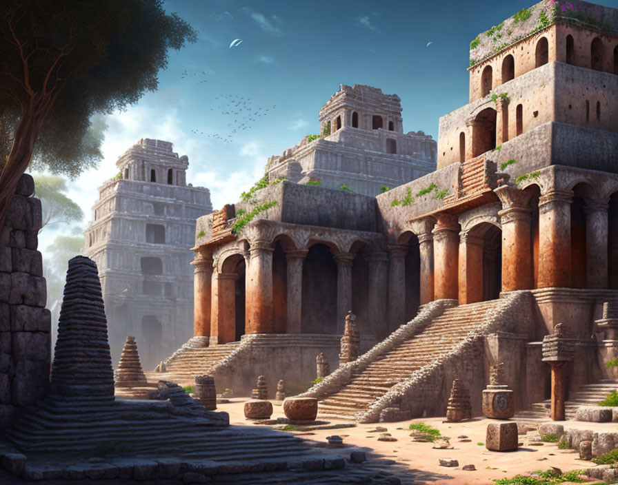 Stone buildings, temples, and columns in ancient city under sunlight