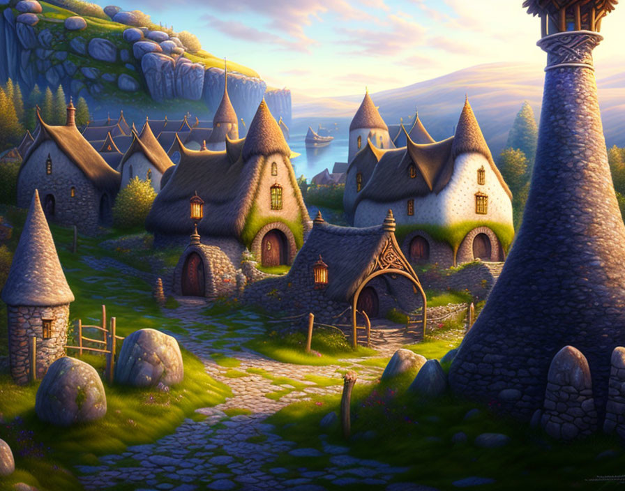 Whimsical village with thatched-roof cottages and stone tower in magical dusk landscape