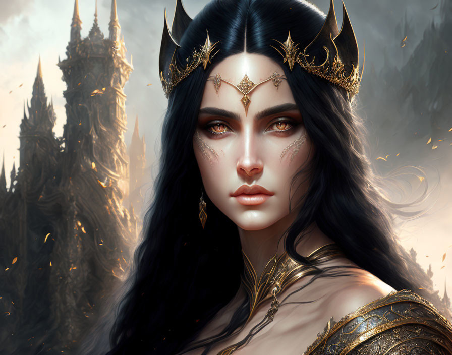 Fantasy queen digital art: black hair, golden crown, armor, dark castle.