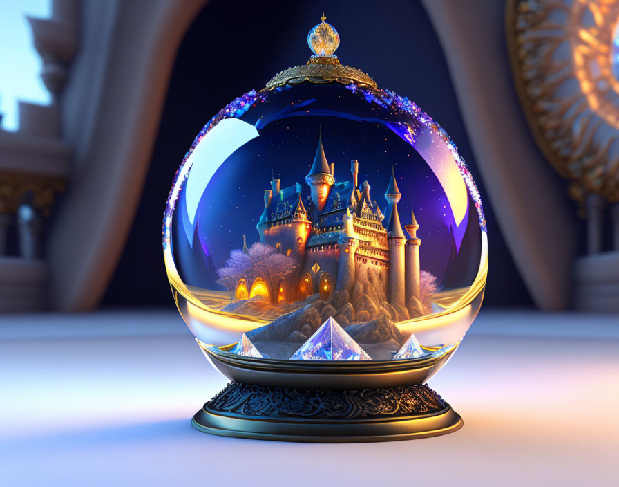 Snow Globe with Magical Castle at Night and Sparkling Crystals