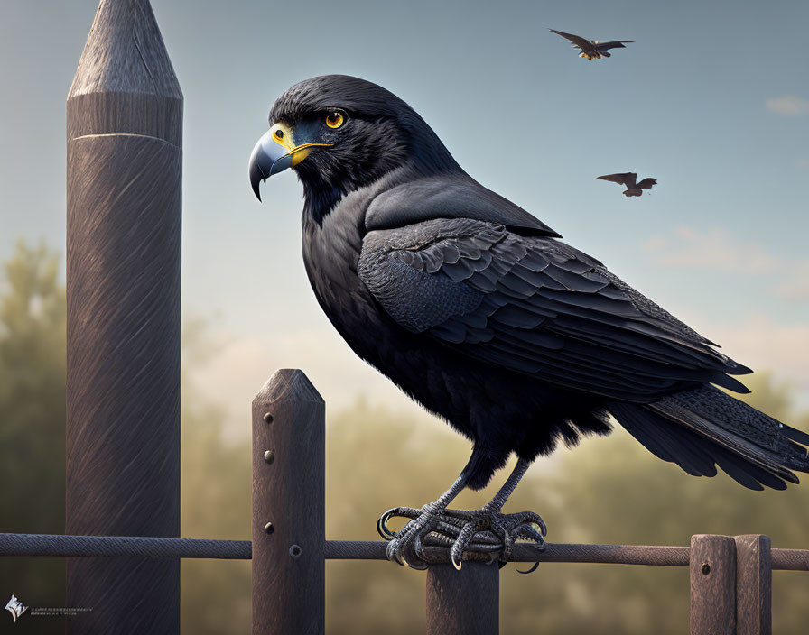 Majestic black bird perched on fence with sharp gaze, two birds flying in sky