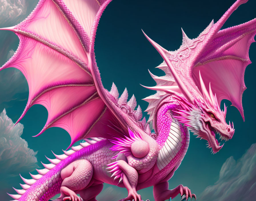 Pink dragon with wings, horns, and scales in cloudy sky