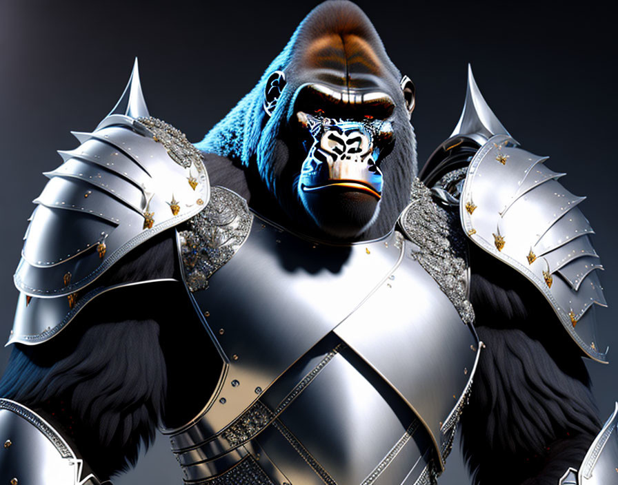 Imposing gorilla in medieval knight armor on dark background