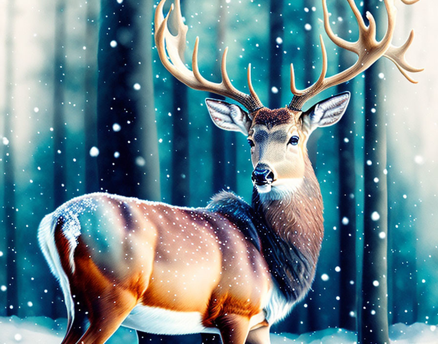 Majestic deer with large antlers in serene winter forest