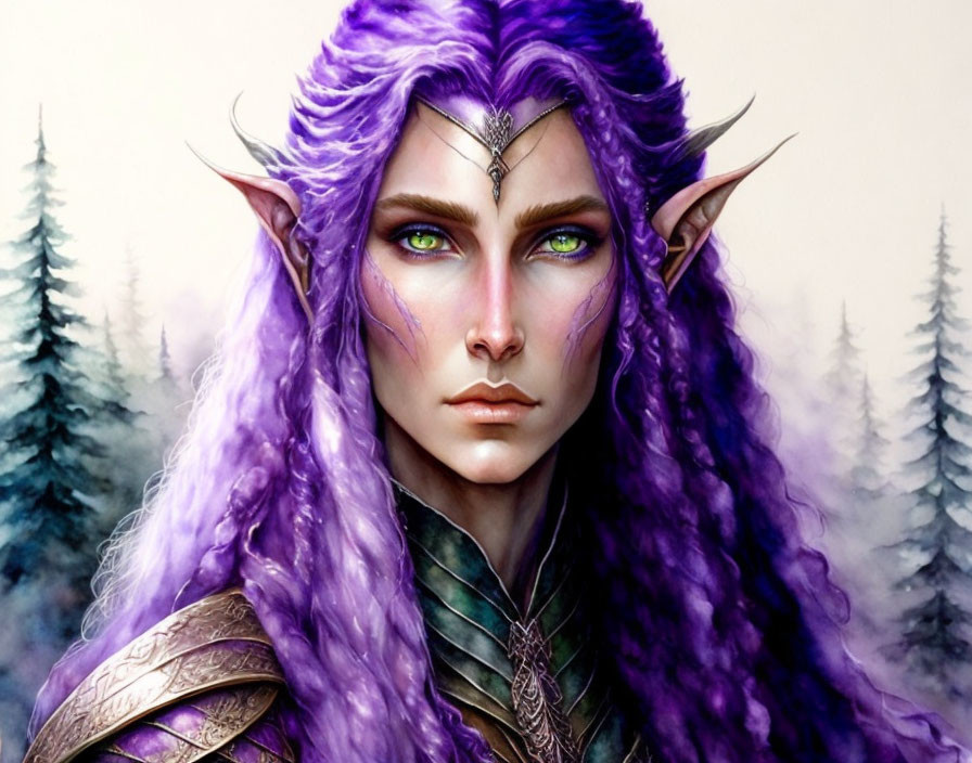 Fantastical portrait: Purple-haired character with pointed ears and green eyes in misty forest