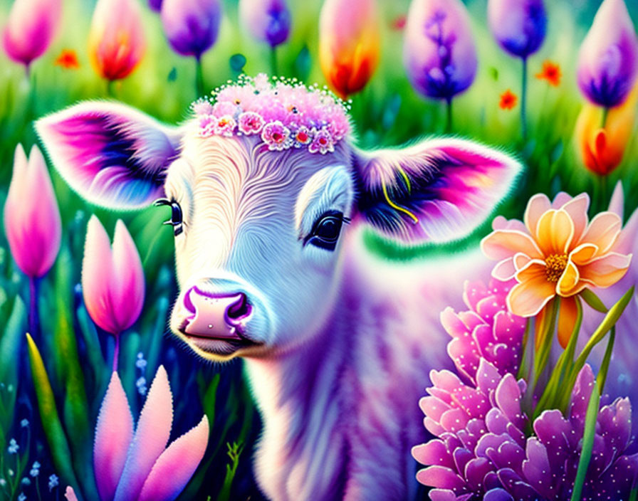 Vibrant calf with floral crown and tulips illustration.