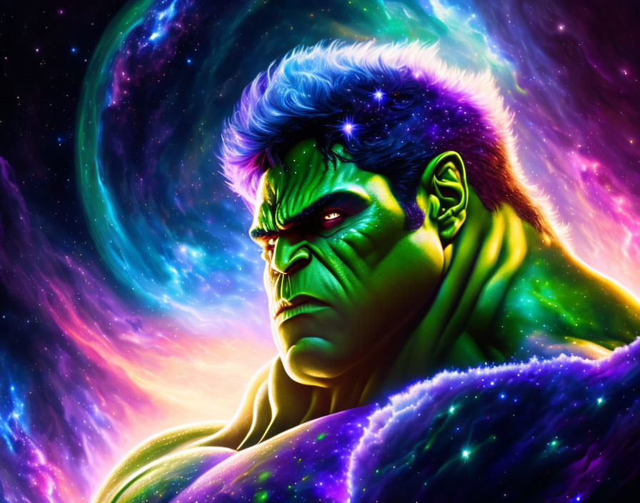 Muscular green-skinned character in cosmic digital art