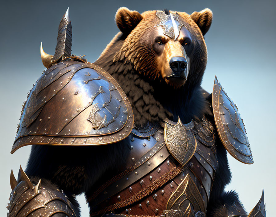 Detailed bear in medieval armor with bear-shaped helmet on blurred background