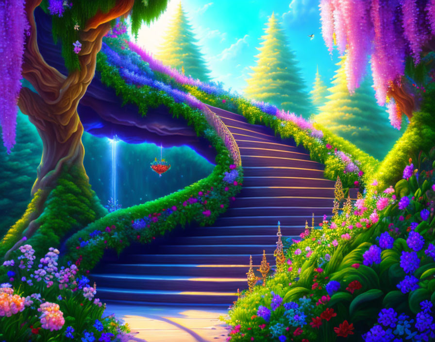 Colorful Flora and Stone Stairway in Fantasy Landscape