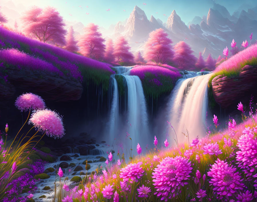 Fantasy landscape with pink and purple flora, waterfall, mountains, floating petals