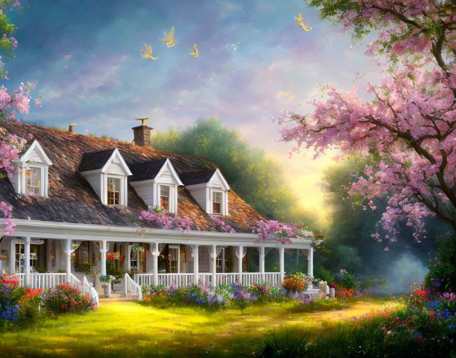 White House with Porch Surrounded by Gardens and Pink Trees at Sunrise