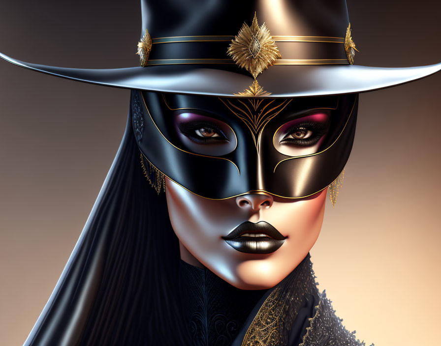 Mysterious Woman with Elaborate Mask and Gold-Adorned Hat