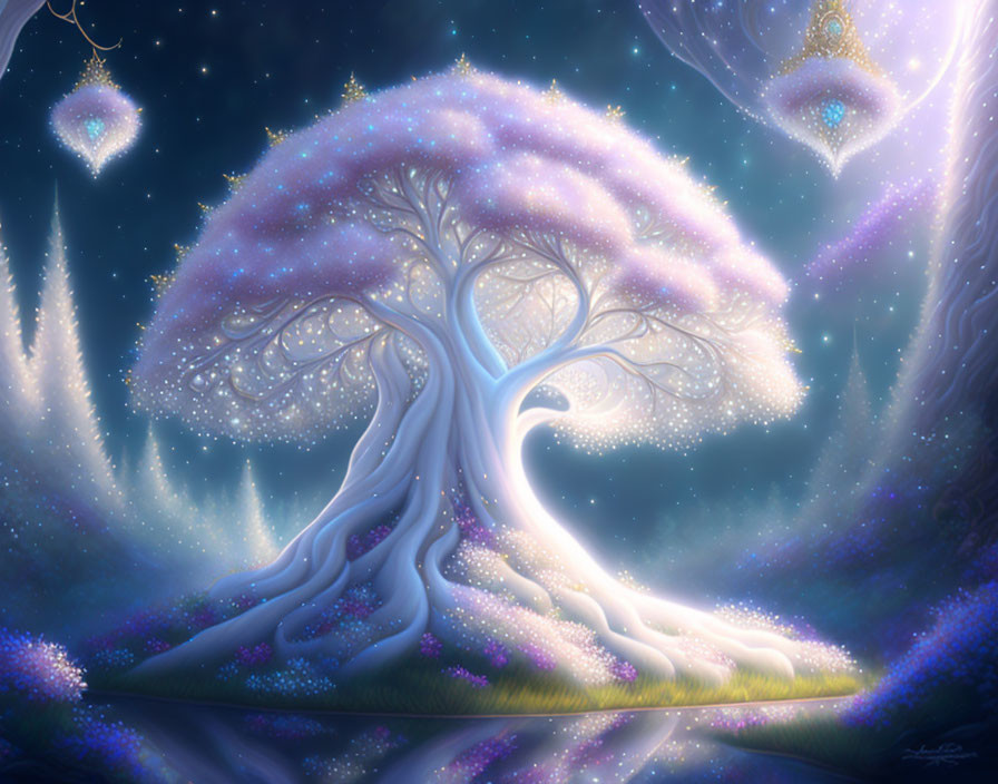 Mystical tree with glowing leaves and lanterns under starry sky