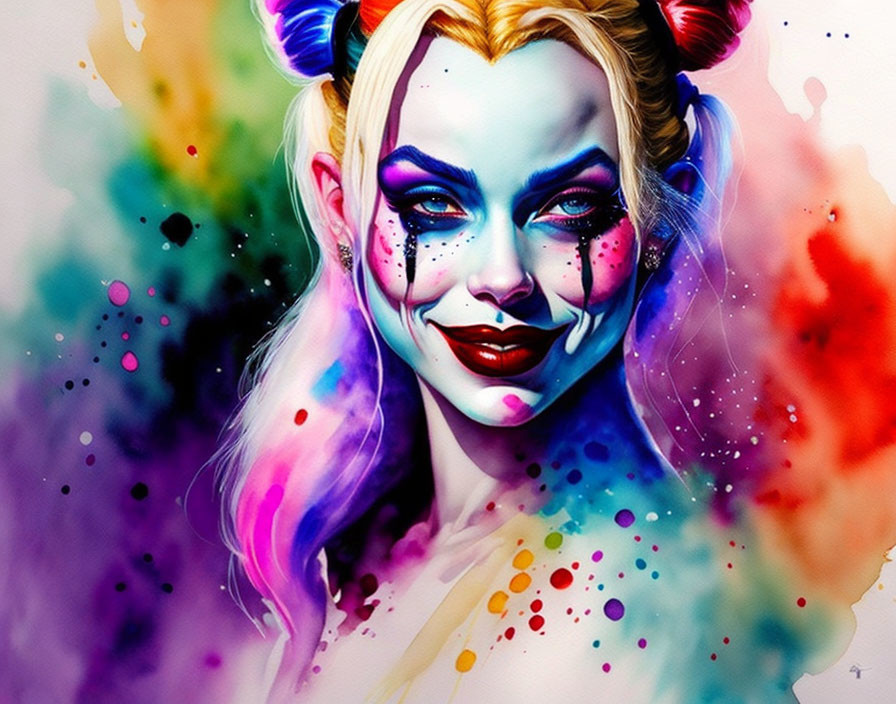 Colorful portrait of smiling woman with face paint and splashes, two-toned hair