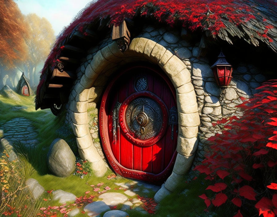 Circular Red Door on Quaint Hobbit-Style House in Lush Green Landscape