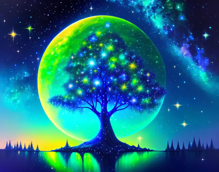 Luminous tree under green moon in digital artwork