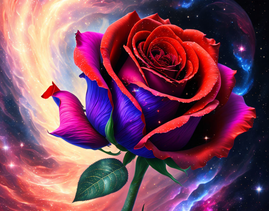 Digital artwork: Red rose with dew drops on cosmic background, purple petal, green leaf