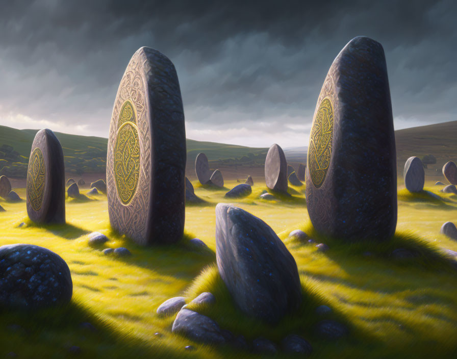 Engraved standing stones in mystical landscape