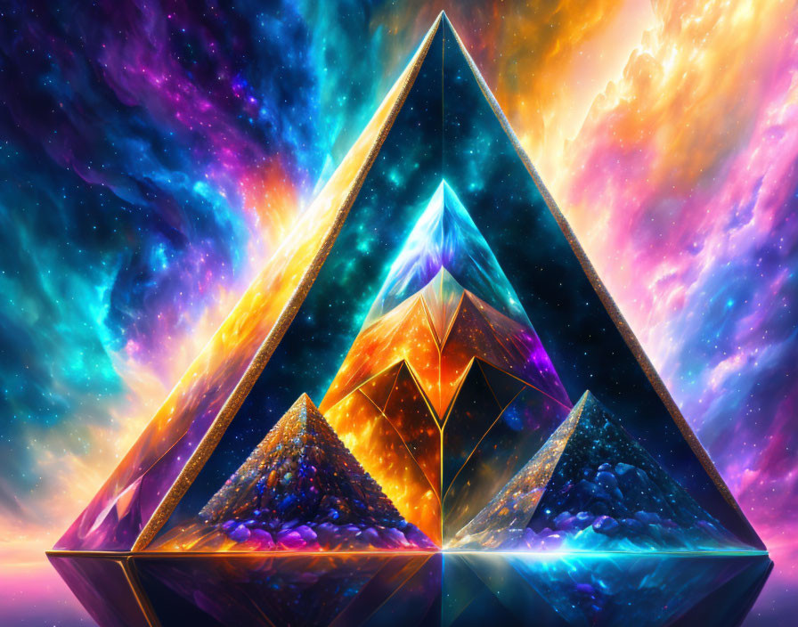 Colorful Geometric Pyramids Artwork on Cosmic Background