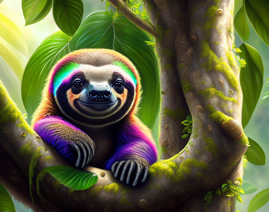 Colorful illustration: Smiling sloth with rainbow fur on tree branch