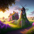 Tranquil countryside landscape with stone cottage, windmill, greenery, and flowers