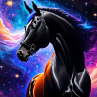 Black horse with flowing mane in cosmic background