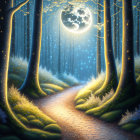 Enchanting forest path under full moonlight