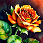 Detailed orange rose with green leaves on soft-focus brown background