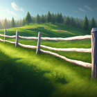 Tranquil landscape: green meadow, wooden fence, rolling hills, trees, sunny sky