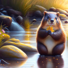 Illustrated otter in stream with yellow leaf, rocks, reeds, and sunlight.