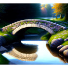 Tranquil stone bridge over serene stream in lush green landscape