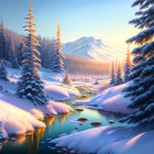 Snowy Trees and River in Winter Sunrise Landscape