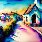 Colorful Watercolor Painting of Coastal Village & Sea