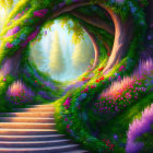 Enchanting sunlit forest path with blooming flowers and ancient trees