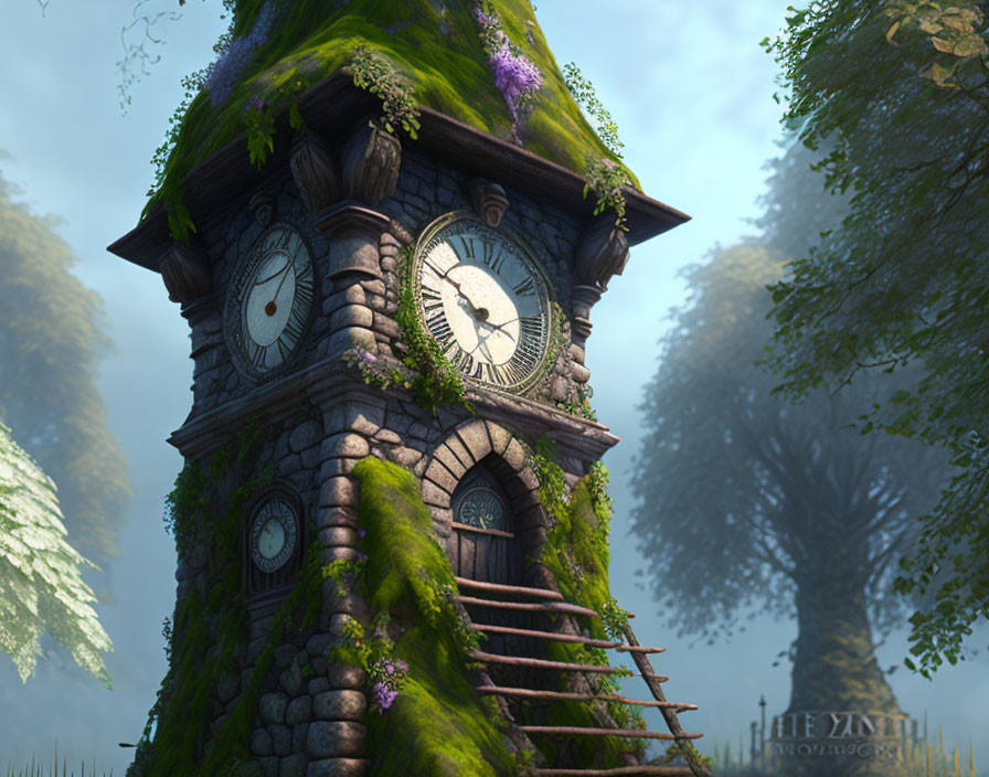 Moss-covered fantasy clock tower in misty forest