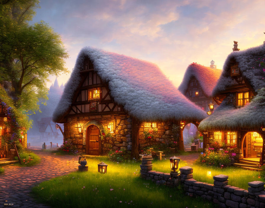 Tranquil fantasy village with thatched-roof cottages and cobblestone path