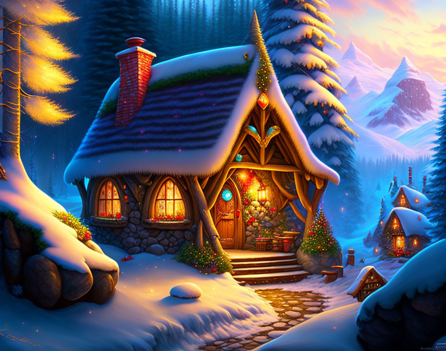 Snowy Winter Night: Cozy Cottage with Festive Decorations