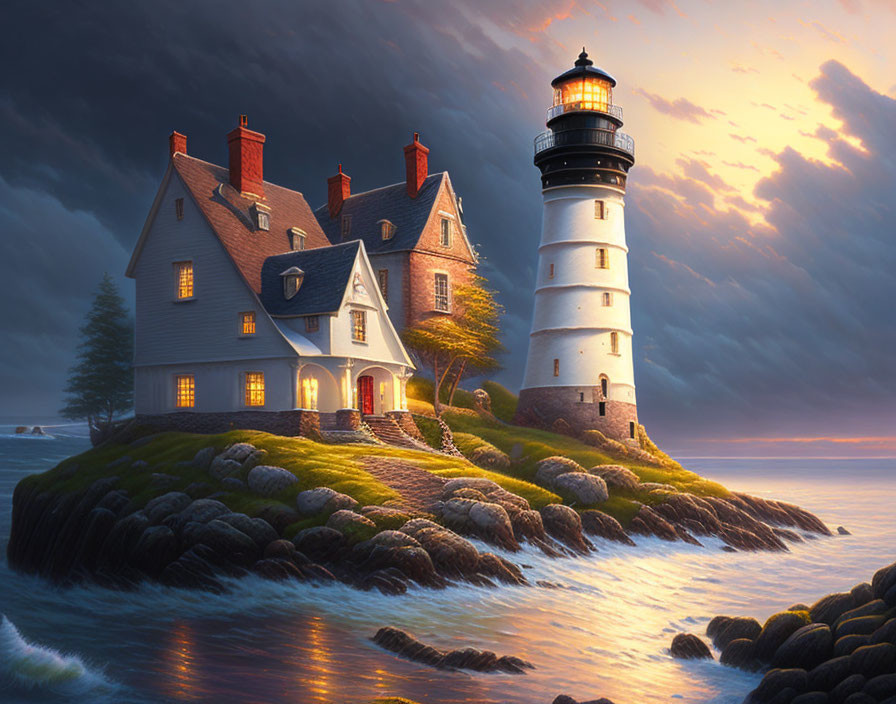 Lighthouse and House on Rocky Island at Sunset