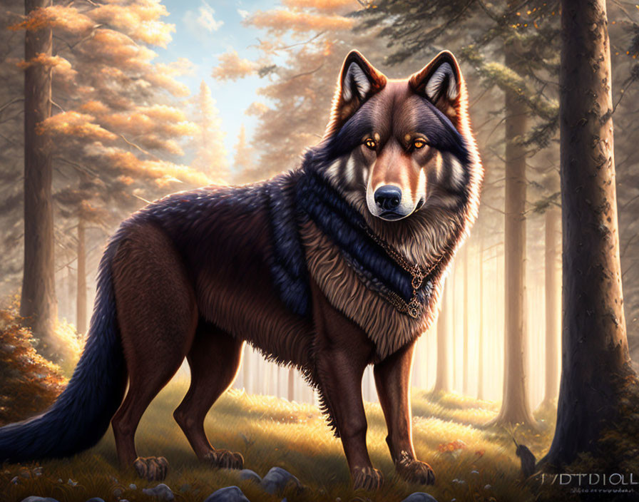 Majestic wolf with blue eyes in sunlit forest wearing blue scarf