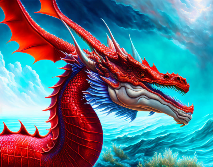 Majestic red dragon with intricate scales and wings in flight under dramatic blue sky